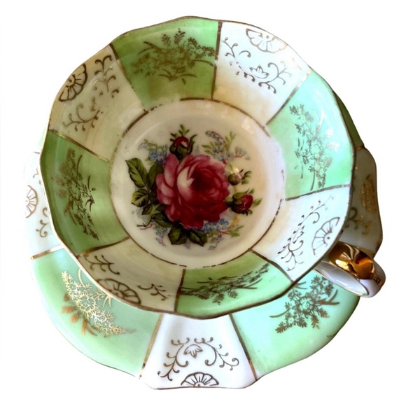 Teacup and Saucer Vintage Old Gold Japan Mint Green and Rose Floral Hand Painted - Picture 4 of 13